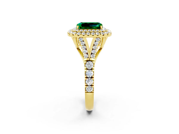 Yellow gold Double Halo Emerald Cut Emerald Pavé Split Shank Ring with Prong Setting
