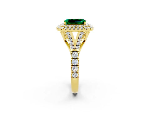 Yellow gold Double Halo Emerald Cut Emerald Pavé Split Shank Ring with Prong Setting_2