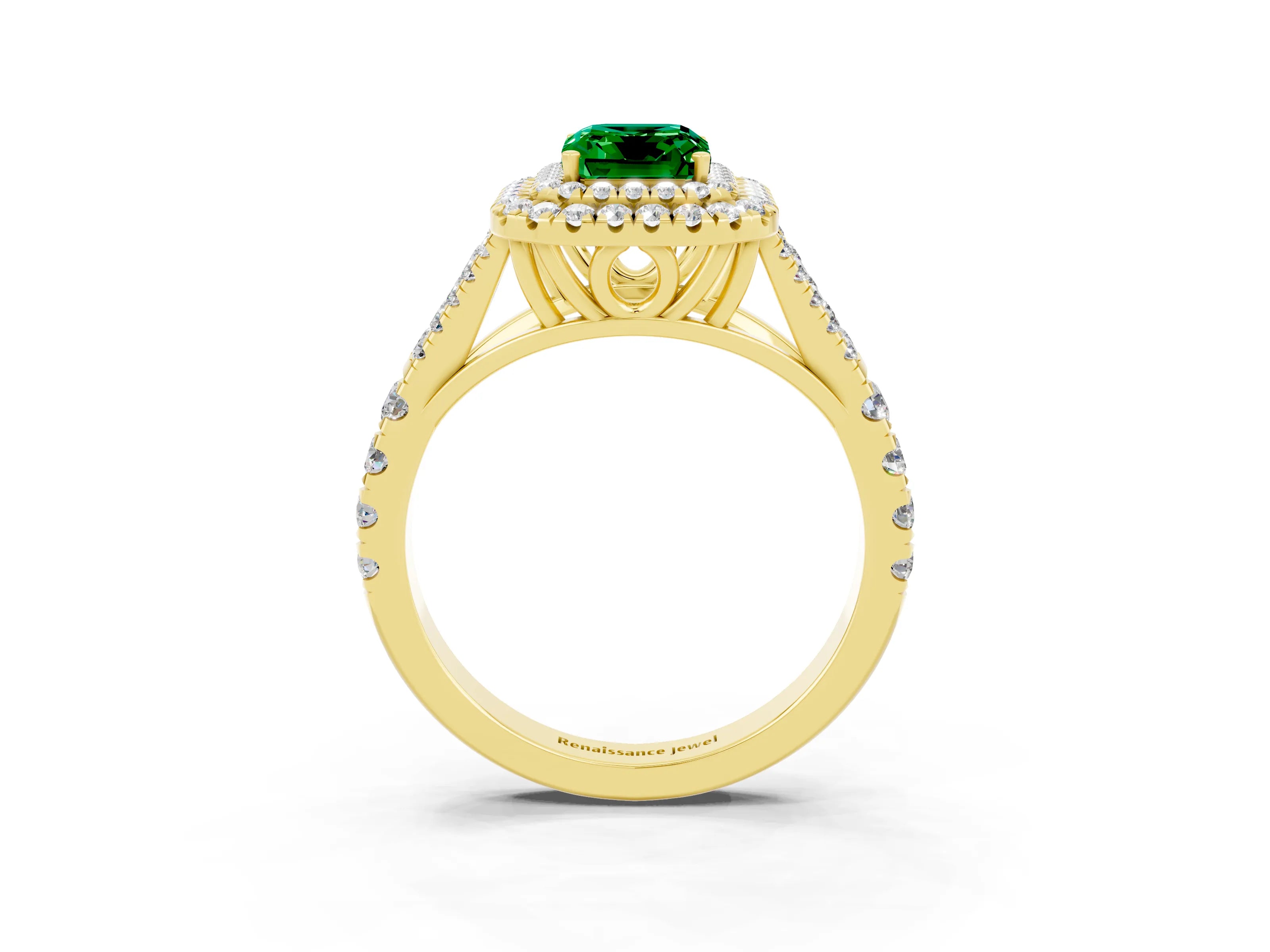 Yellow gold Double Halo Emerald Cut Emerald Pavé Split Shank Ring with Prong Setting_3