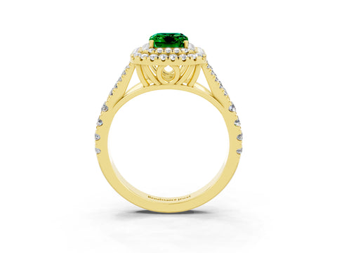 Yellow gold Double Halo Emerald Cut Emerald Pavé Split Shank Ring with Prong Setting_3