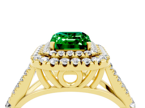 Yellow gold Double Halo Emerald Cut Emerald Pavé Split Shank Ring with Prong Setting_4