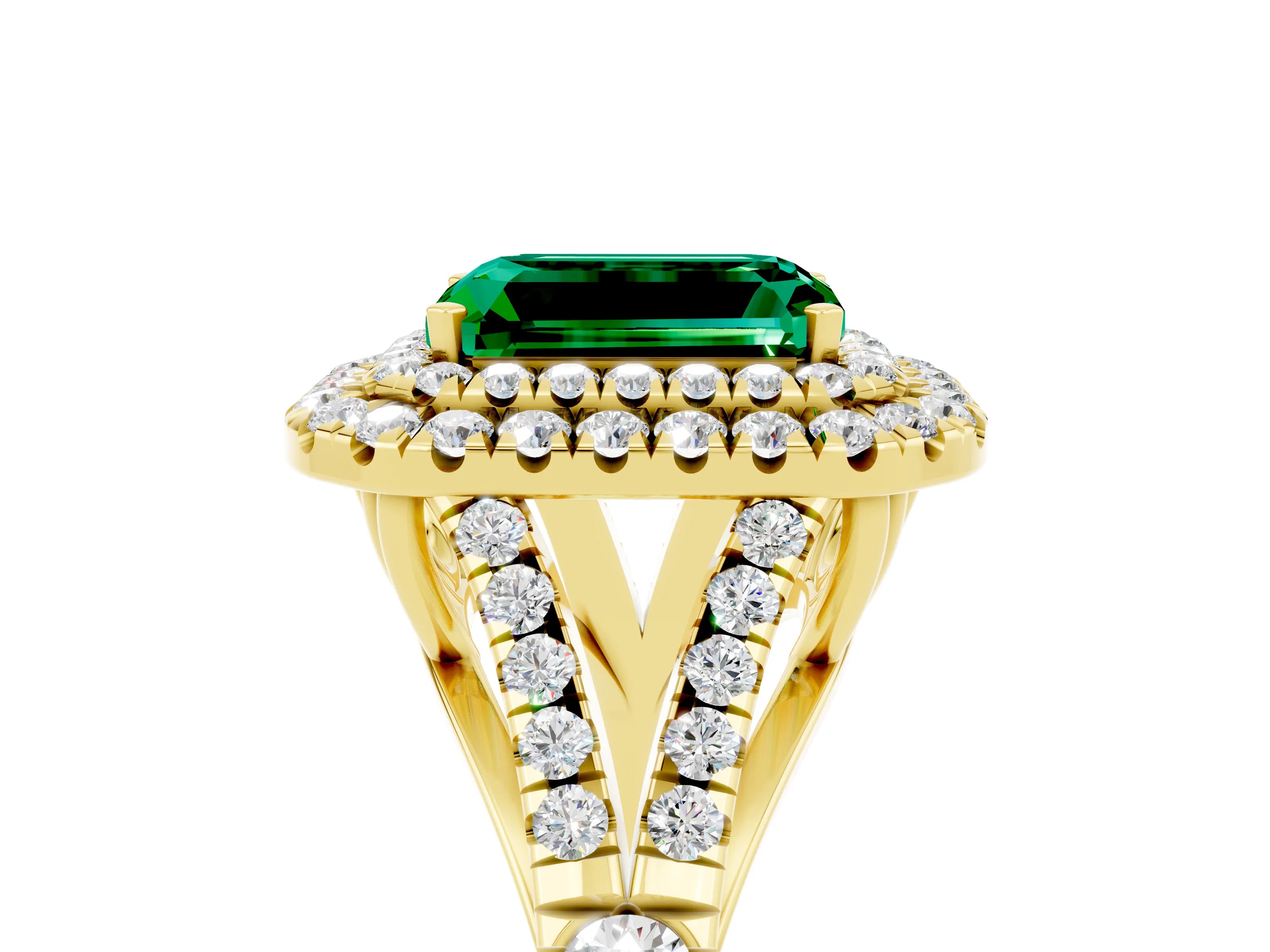 Yellow gold Double Halo Emerald Cut Emerald Pavé Split Shank Ring with Prong Setting_5