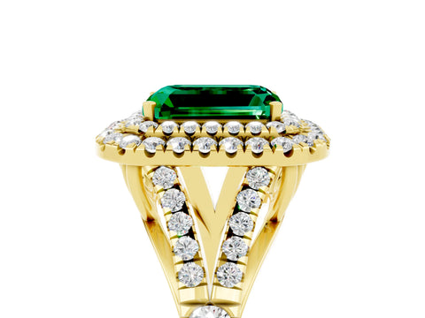 Yellow gold Double Halo Emerald Cut Emerald Pavé Split Shank Ring with Prong Setting_5