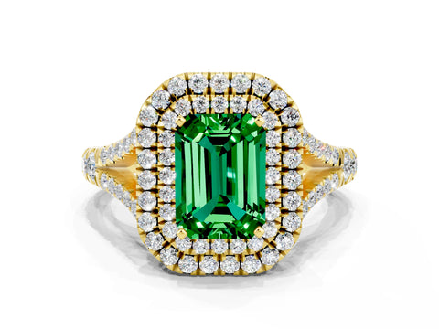 Yellow gold Double Halo Emerald Cut Emerald Pavé Split Shank Ring with Prong Setting