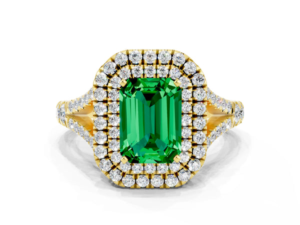 Yellow gold Double Halo Emerald Cut Emerald Split Shank Engagement Ring with Four-Prong Setting