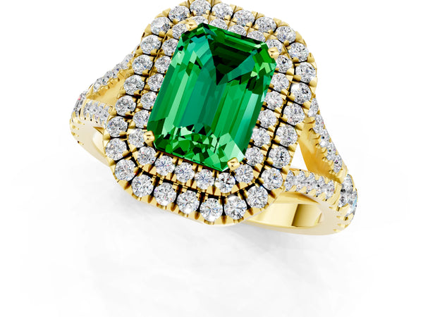 Yellow gold Double Halo Emerald Cut Emerald Split Shank Engagement Ring with Four-Prong Setting