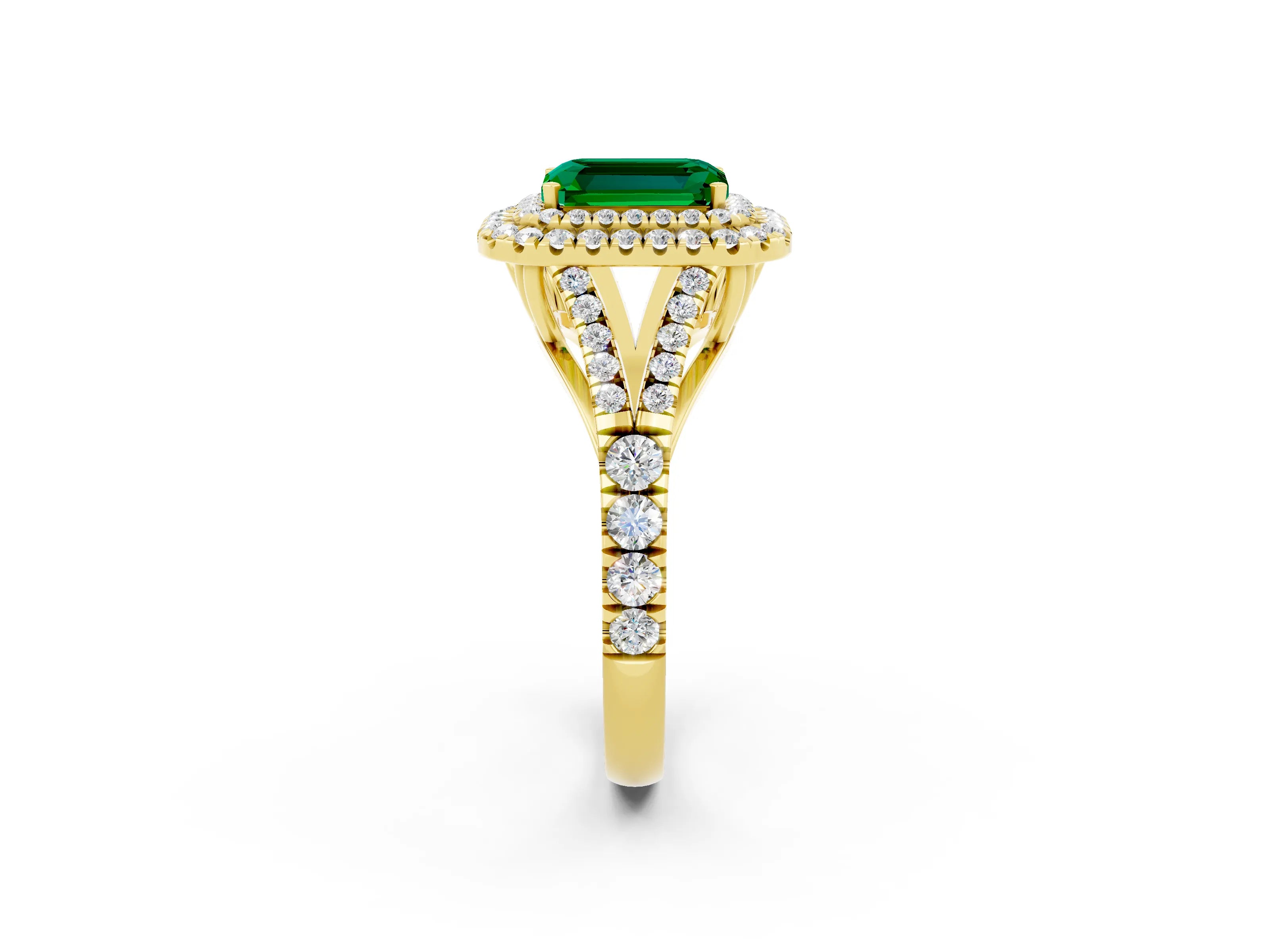 Yellow gold Double Halo Emerald Cut Emerald Split Shank Engagement Ring with Four-Prong Setting_2