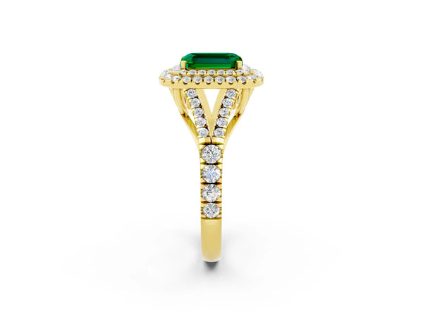 Yellow gold Double Halo Emerald Cut Emerald Split Shank Engagement Ring with Four-Prong Setting