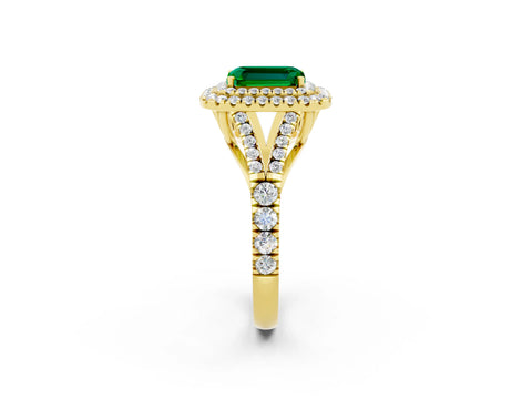 Yellow gold Double Halo Emerald Cut Emerald Split Shank Engagement Ring with Four-Prong Setting_2