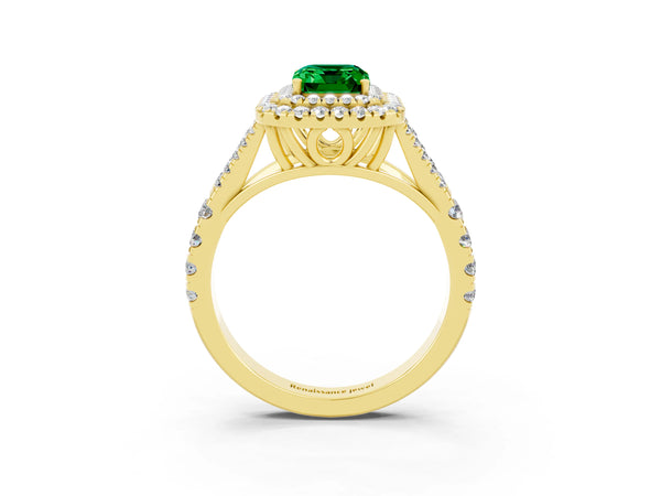 Yellow gold Double Halo Emerald Cut Emerald Split Shank Engagement Ring with Four-Prong Setting
