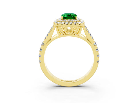 Yellow gold Double Halo Emerald Cut Emerald Split Shank Engagement Ring with Four-Prong Setting_3