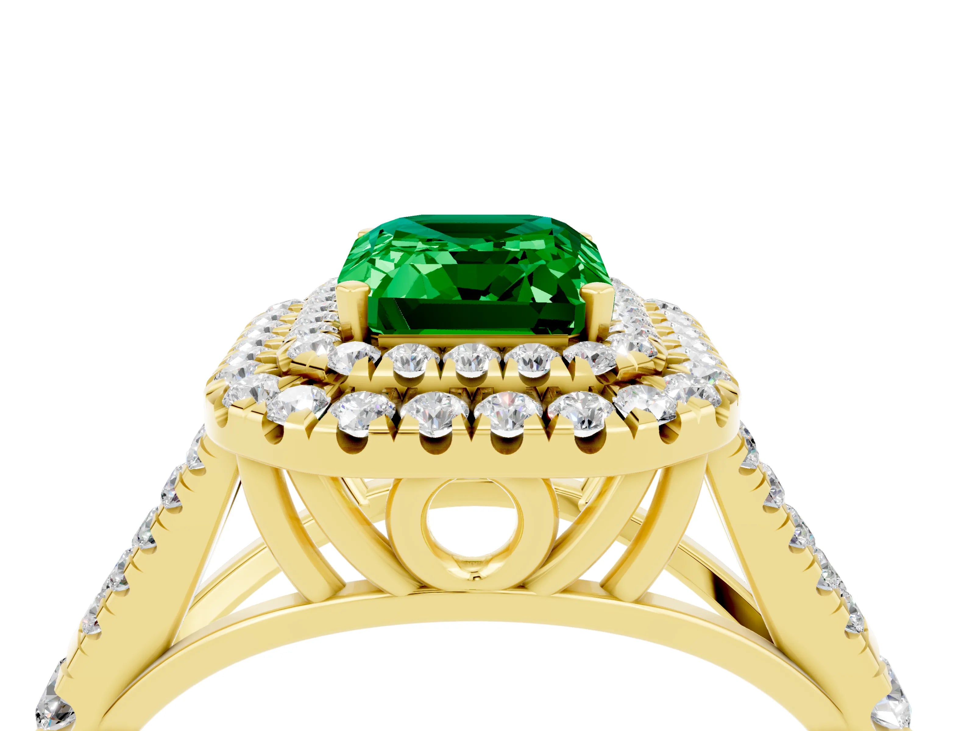 Yellow gold Double Halo Emerald Cut Emerald Split Shank Engagement Ring with Four-Prong Setting_4