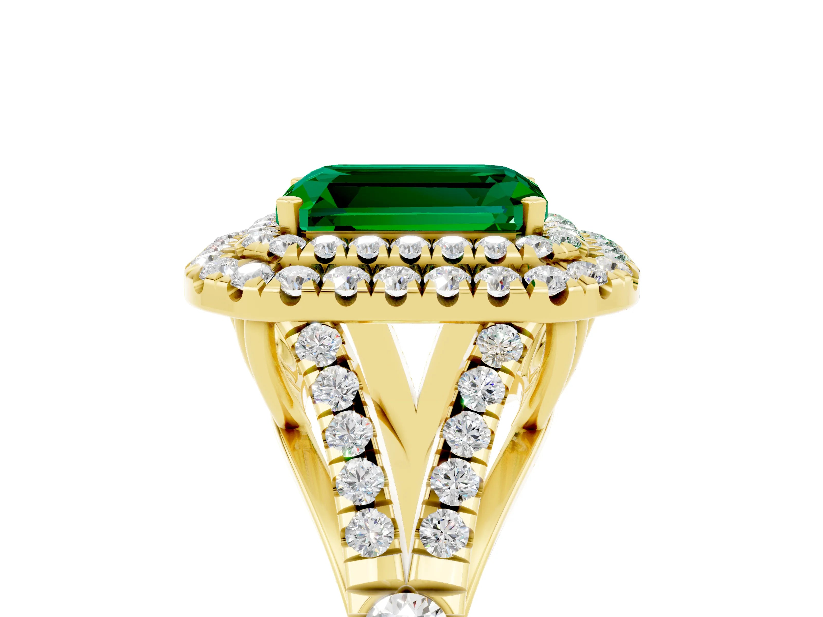 Yellow gold Double Halo Emerald Cut Emerald Split Shank Engagement Ring with Four-Prong Setting_5