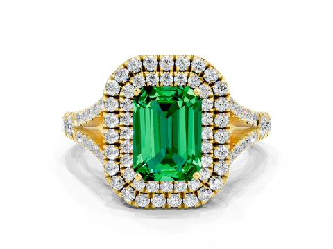 Yellow gold Double Halo Emerald Cut Emerald Split Shank Engagement Ring with Four-Prong Setting