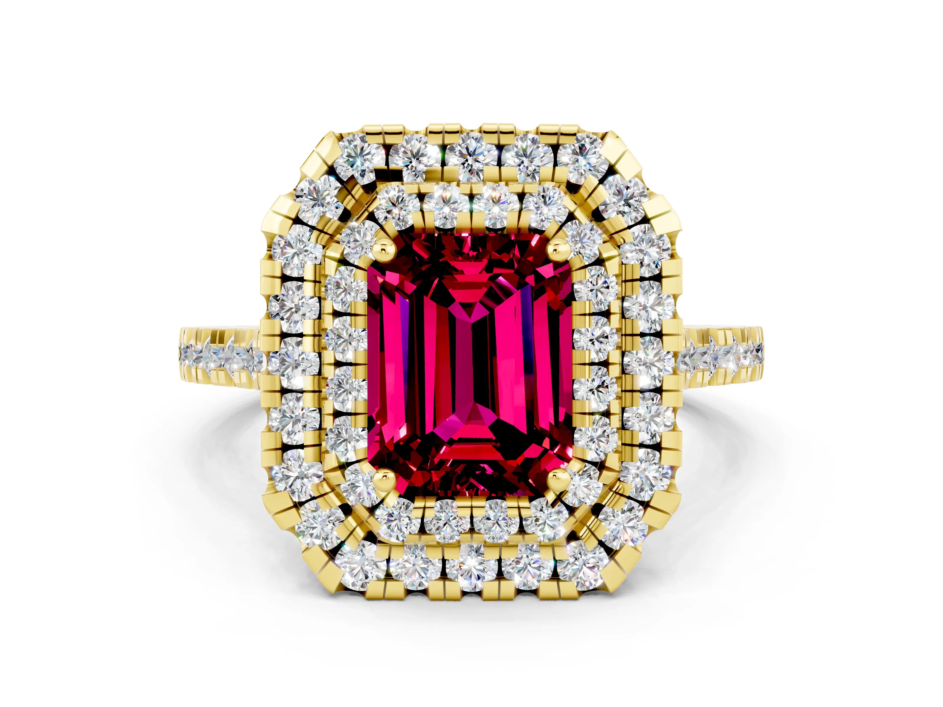 Yellow gold Double Halo Emerald Cut Garnet Pavé Band with Four-Prong Setting