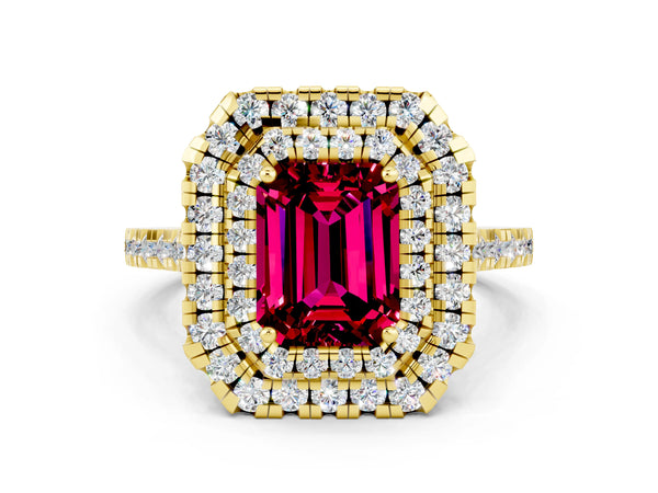 Yellow gold Double Halo Emerald Cut Garnet Pavé Band with Four-Prong Setting