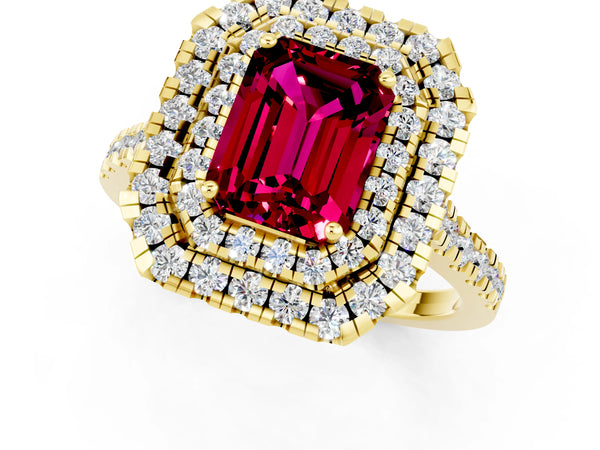 Yellow gold Double Halo Emerald Cut Garnet Pavé Band with Four-Prong Setting