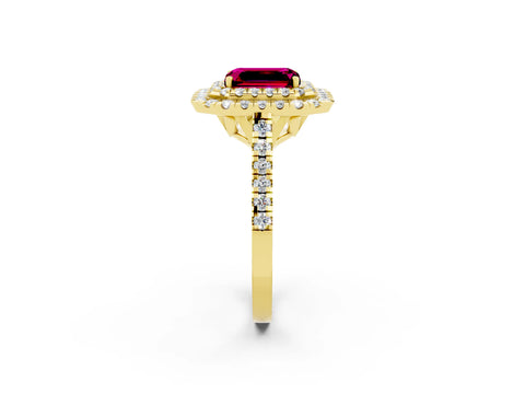 Yellow gold Double Halo Emerald Cut Garnet Pavé Band with Four-Prong Setting_2
