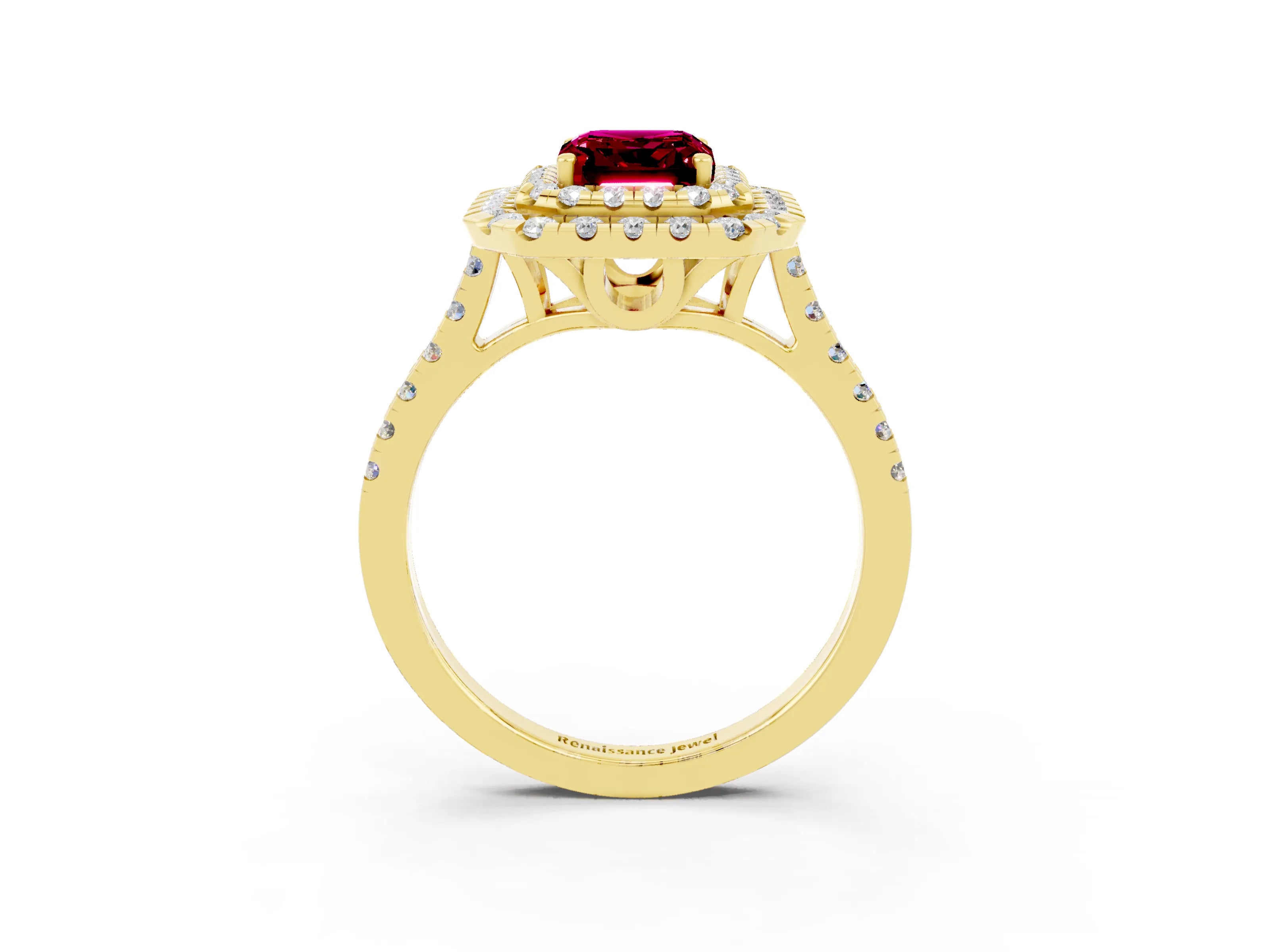 Yellow gold Double Halo Emerald Cut Garnet Pavé Band with Four-Prong Setting_3