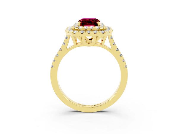 Yellow gold Double Halo Emerald Cut Garnet Pavé Band with Four-Prong Setting