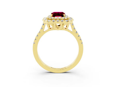 Yellow gold Double Halo Emerald Cut Garnet Pavé Band with Four-Prong Setting_3