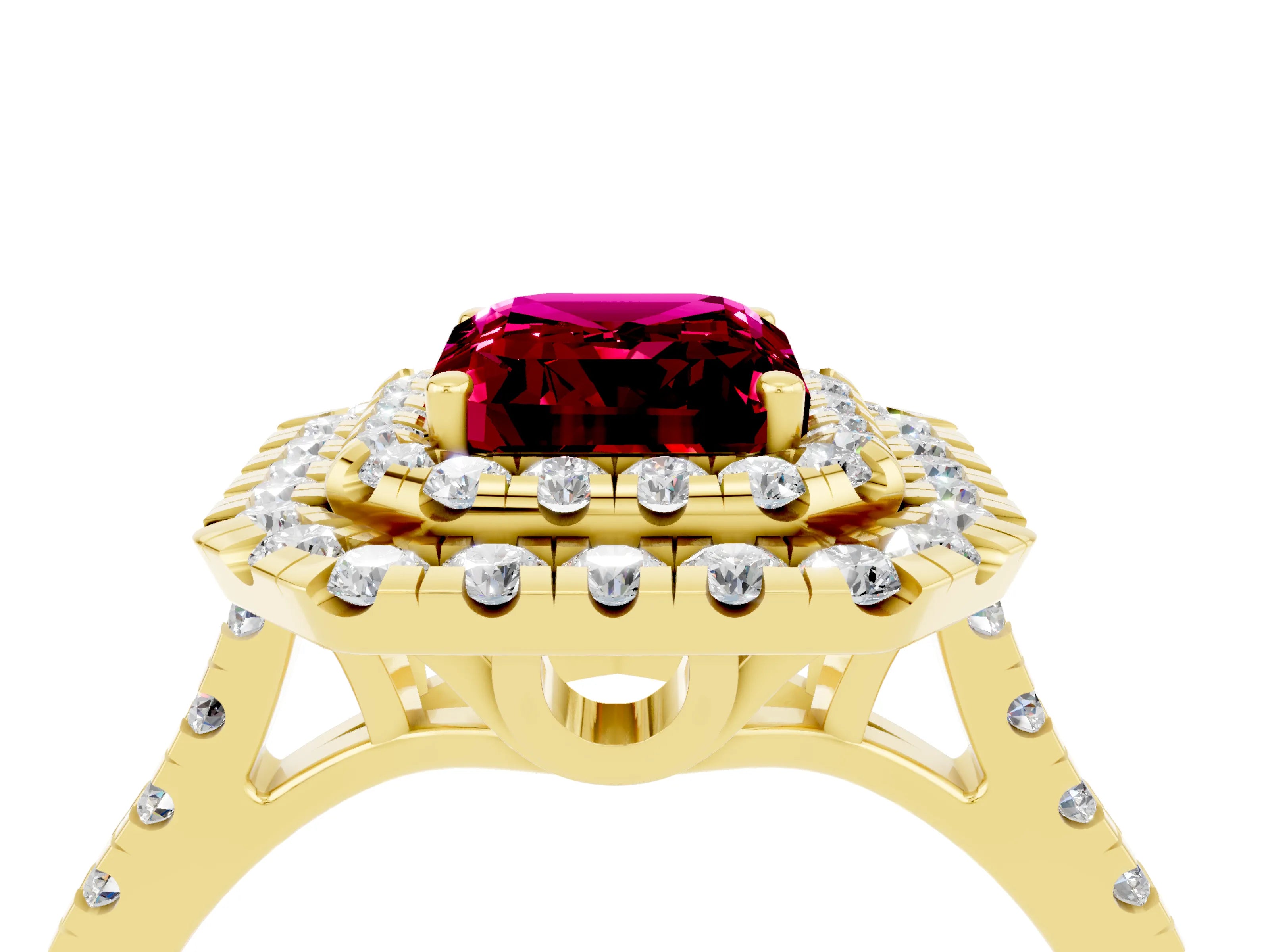 Yellow gold Double Halo Emerald Cut Garnet Pavé Band with Four-Prong Setting_4