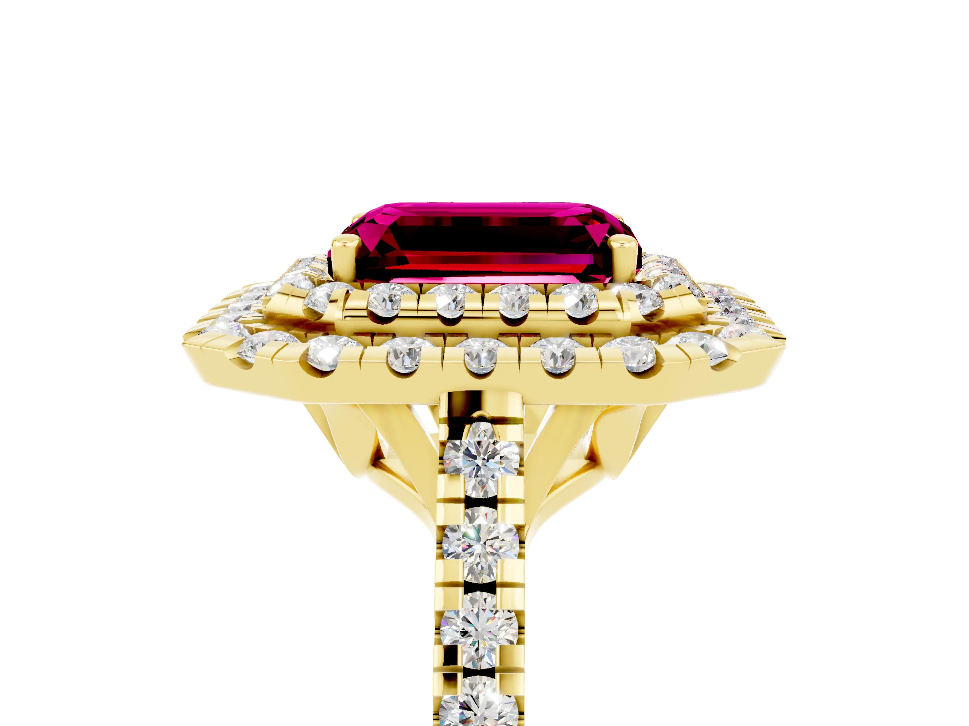 Yellow gold Double Halo Emerald Cut Garnet Pavé Band with Four-Prong Setting_5