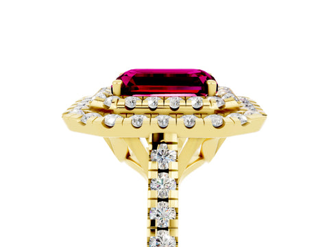 Yellow gold Double Halo Emerald Cut Garnet Pavé Band with Four-Prong Setting_5