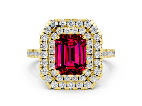 Yellow gold Double Halo Emerald Cut Garnet Pavé Band with Four-Prong Setting