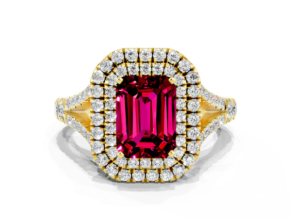 Yellow gold Double Halo Emerald Cut Garnet Pavé Split Shank Ring with Prong Setting
