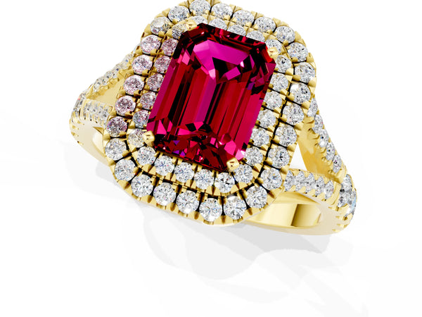 Yellow gold Double Halo Emerald Cut Garnet Pavé Split Shank Ring with Prong Setting