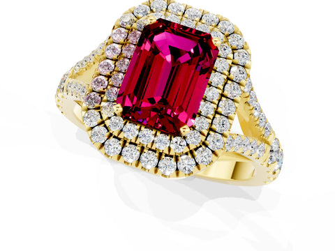 Yellow gold Double Halo Emerald Cut Garnet Pavé Split Shank Ring with Prong Setting_1