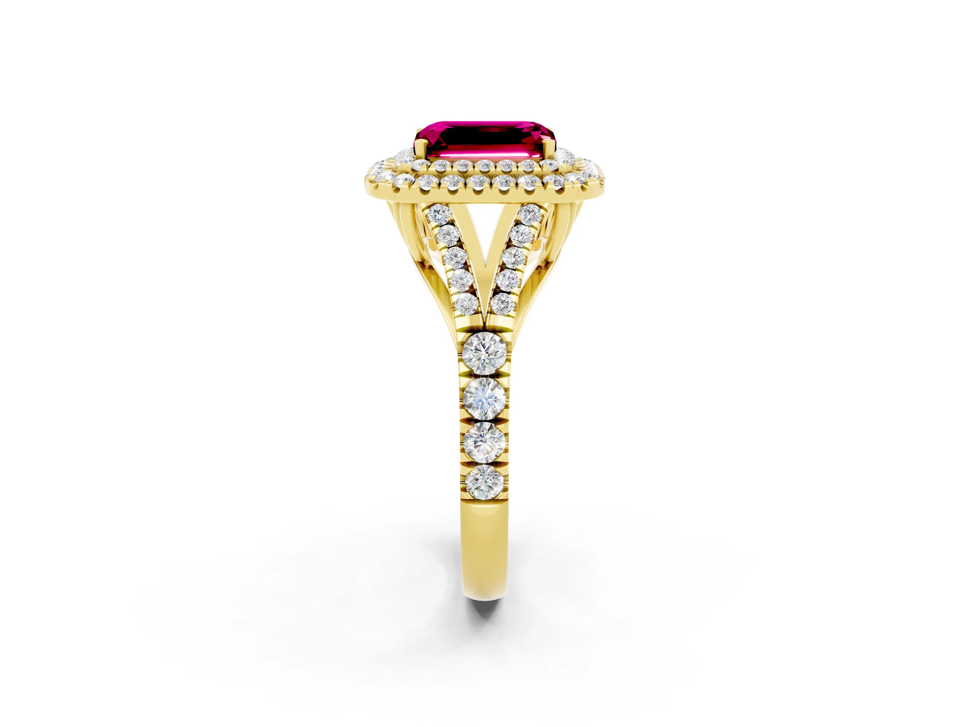Yellow gold Double Halo Emerald Cut Garnet Pavé Split Shank Ring with Prong Setting_2