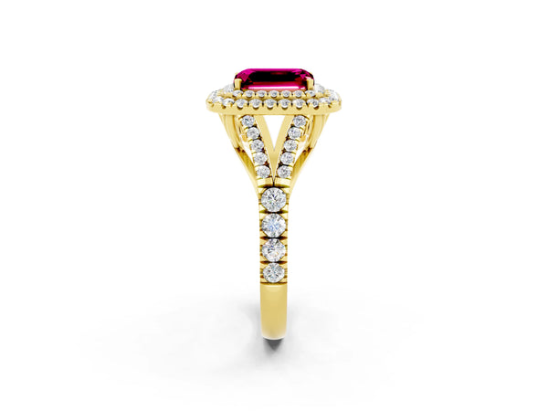 Yellow gold Double Halo Emerald Cut Garnet Pavé Split Shank Ring with Prong Setting