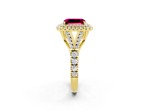 Yellow gold Double Halo Emerald Cut Garnet Pavé Split Shank Ring with Prong Setting_2