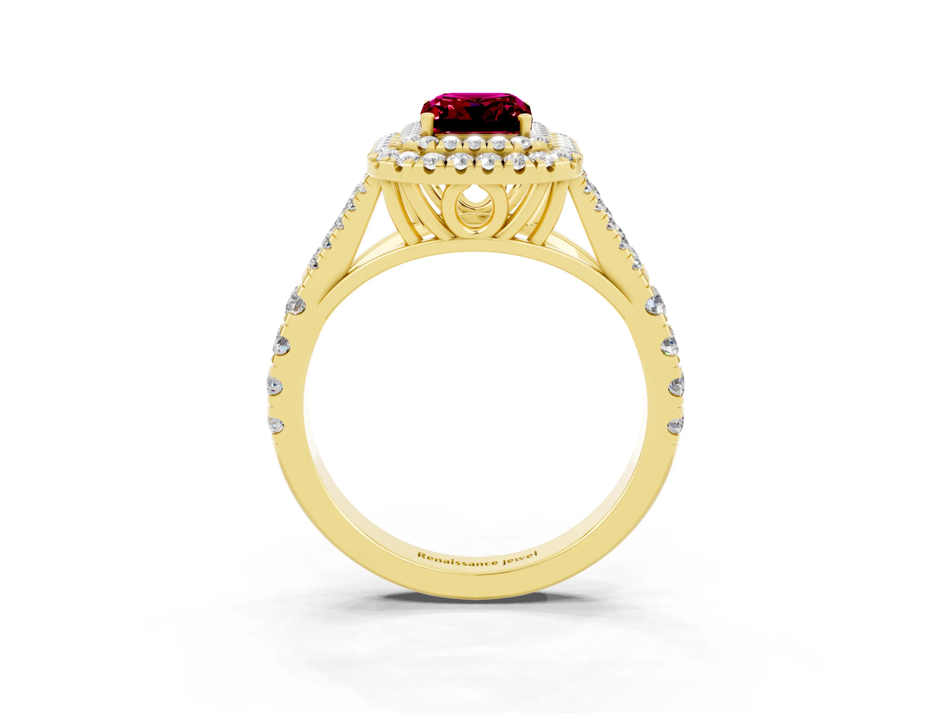 Yellow gold Double Halo Emerald Cut Garnet Pavé Split Shank Ring with Prong Setting_3