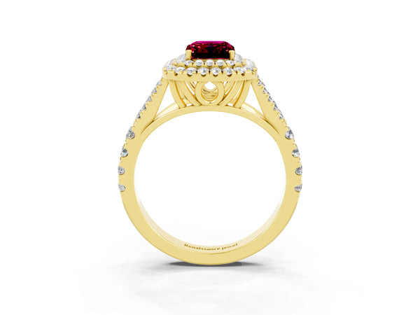 Yellow gold Double Halo Emerald Cut Garnet Pavé Split Shank Ring with Prong Setting