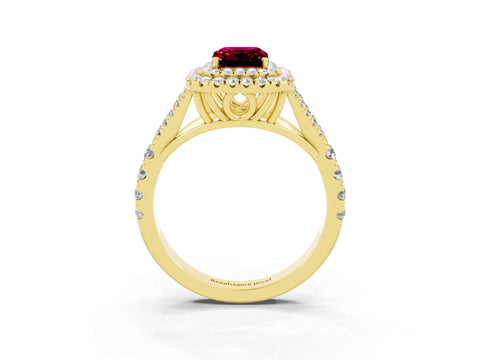 Yellow gold Double Halo Emerald Cut Garnet Pavé Split Shank Ring with Prong Setting_3
