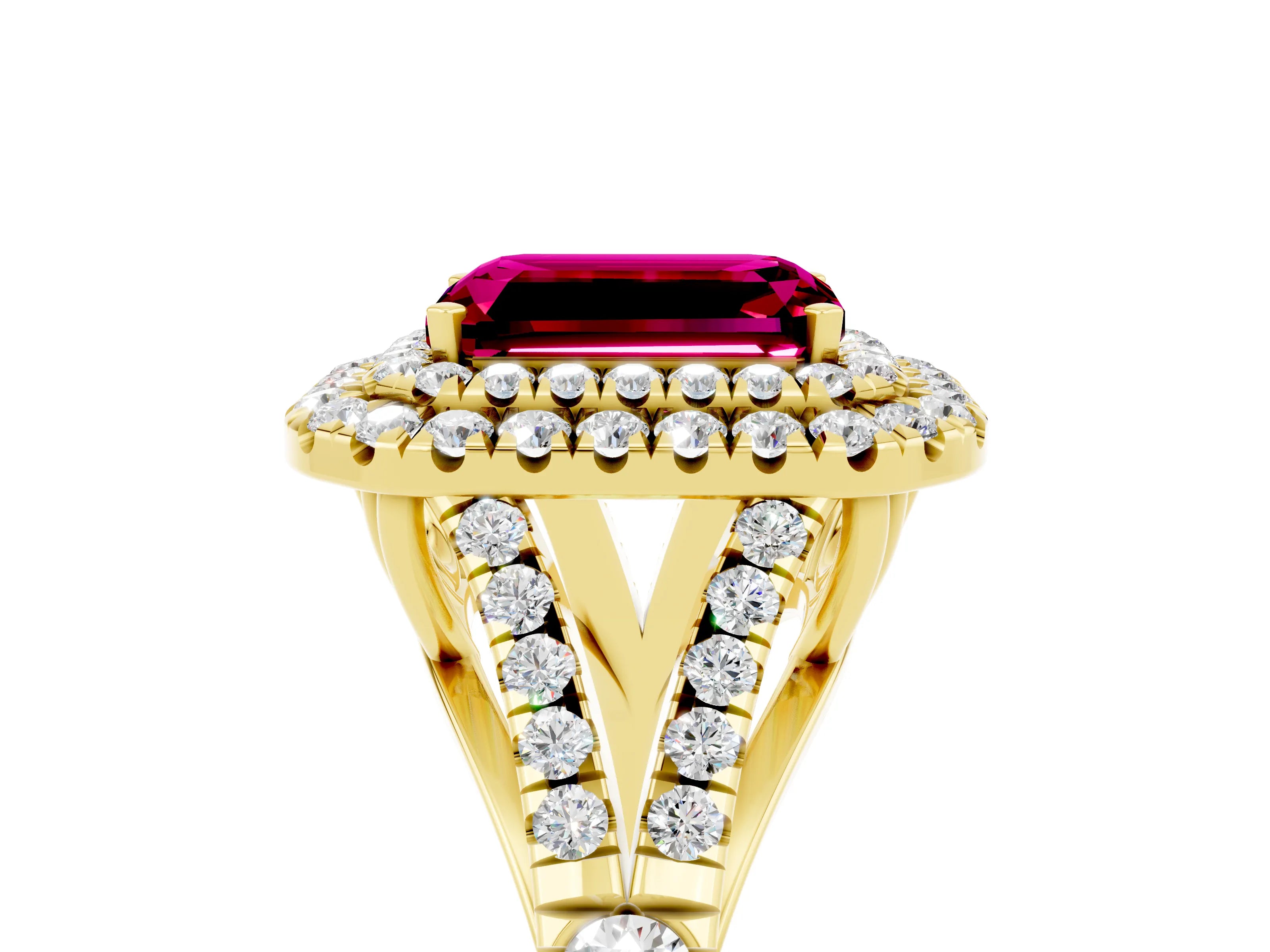 Yellow gold Double Halo Emerald Cut Garnet Pavé Split Shank Ring with Prong Setting_5