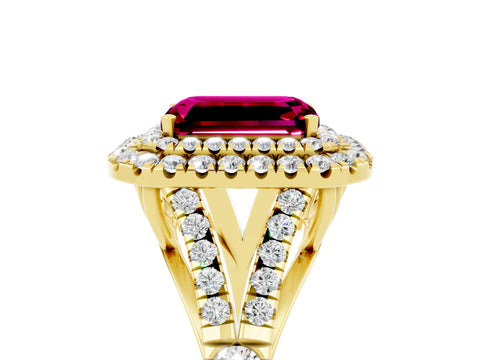 Yellow gold Double Halo Emerald Cut Garnet Pavé Split Shank Ring with Prong Setting_5