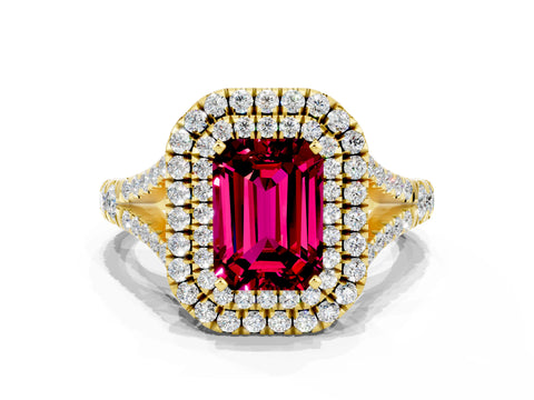 Yellow gold Double Halo Emerald Cut Garnet Pavé Split Shank Ring with Prong Setting