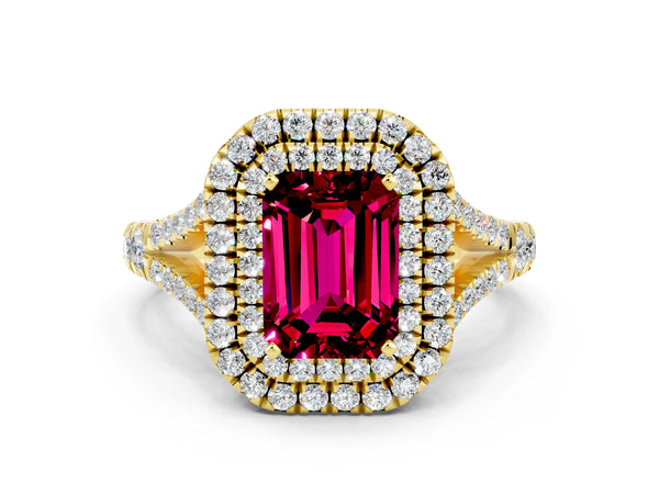 Yellow gold Double Halo Emerald Cut Garnet Split Shank Engagement Ring with Four-Prong Setting