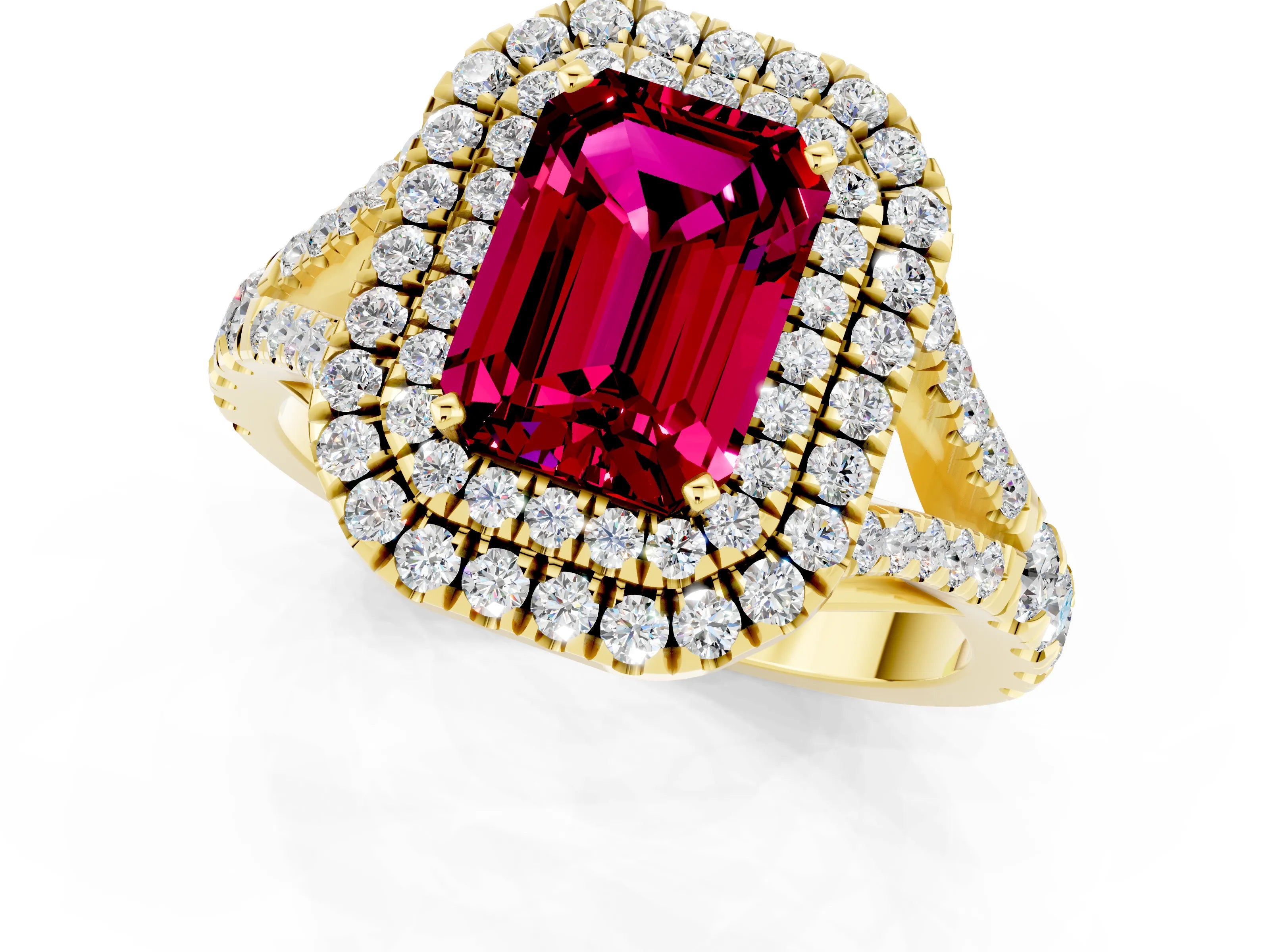 Yellow gold Double Halo Emerald Cut Garnet Split Shank Engagement Ring with Four-Prong Setting_1