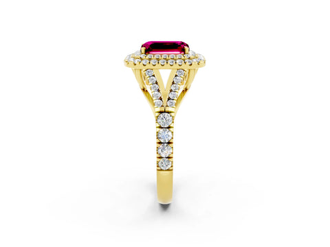 Yellow gold Double Halo Emerald Cut Garnet Split Shank Engagement Ring with Four-Prong Setting_2