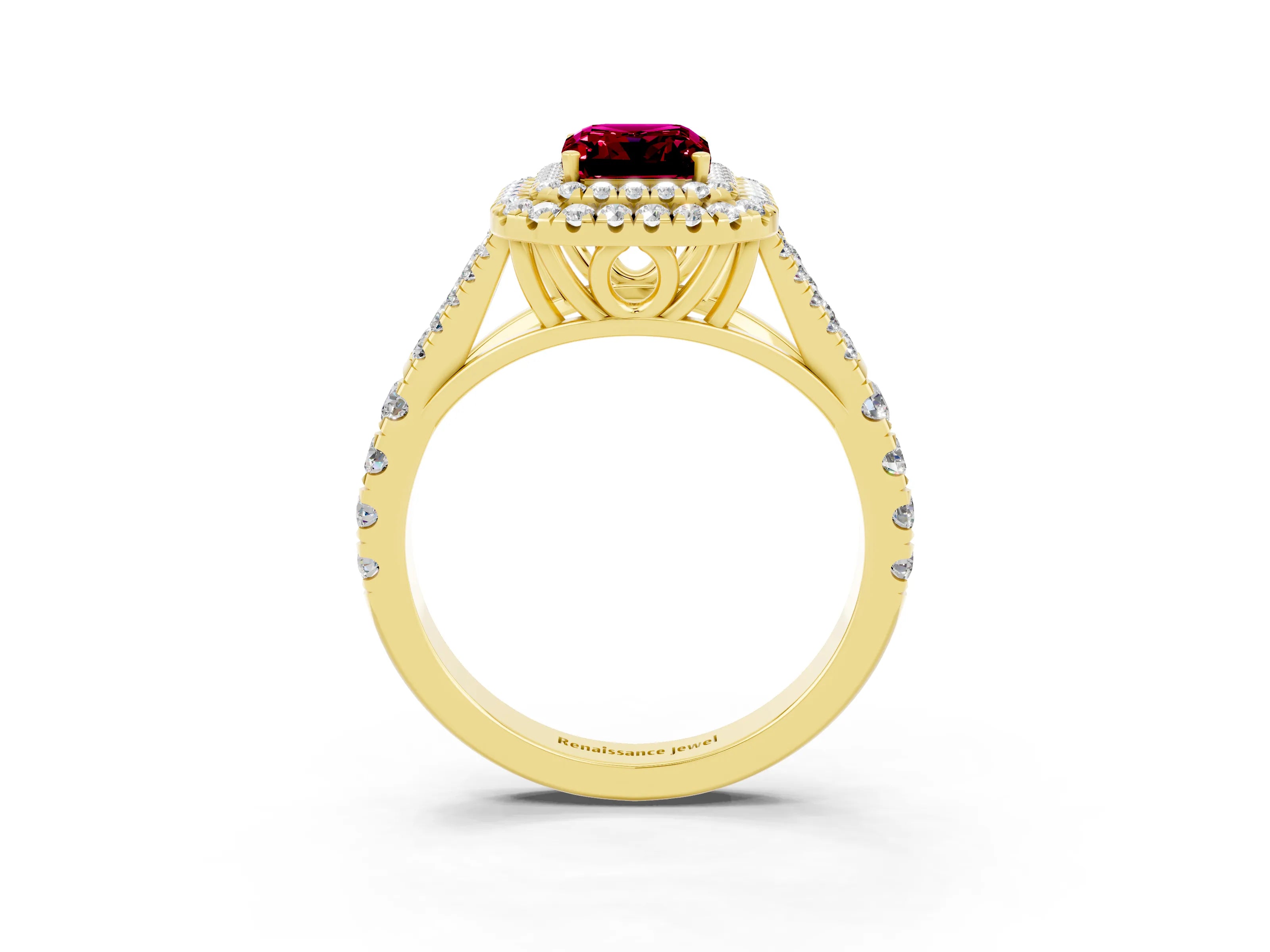 Yellow gold Double Halo Emerald Cut Garnet Split Shank Engagement Ring with Four-Prong Setting_3