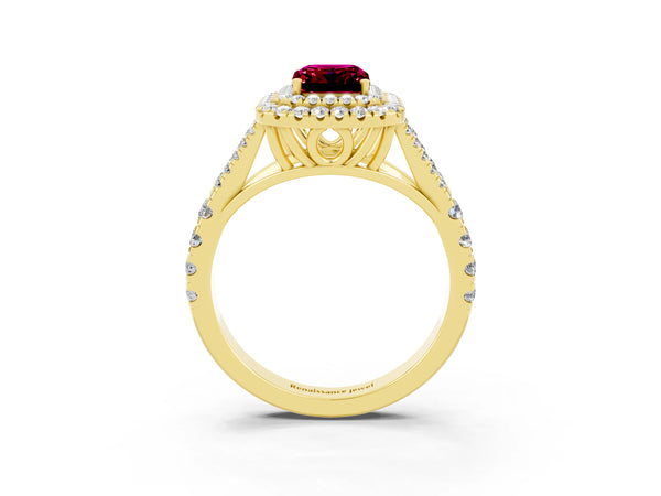 Yellow gold Double Halo Emerald Cut Garnet Split Shank Engagement Ring with Four-Prong Setting