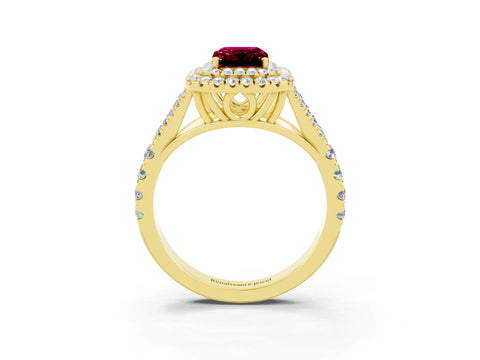 Yellow gold Double Halo Emerald Cut Garnet Split Shank Engagement Ring with Four-Prong Setting_3