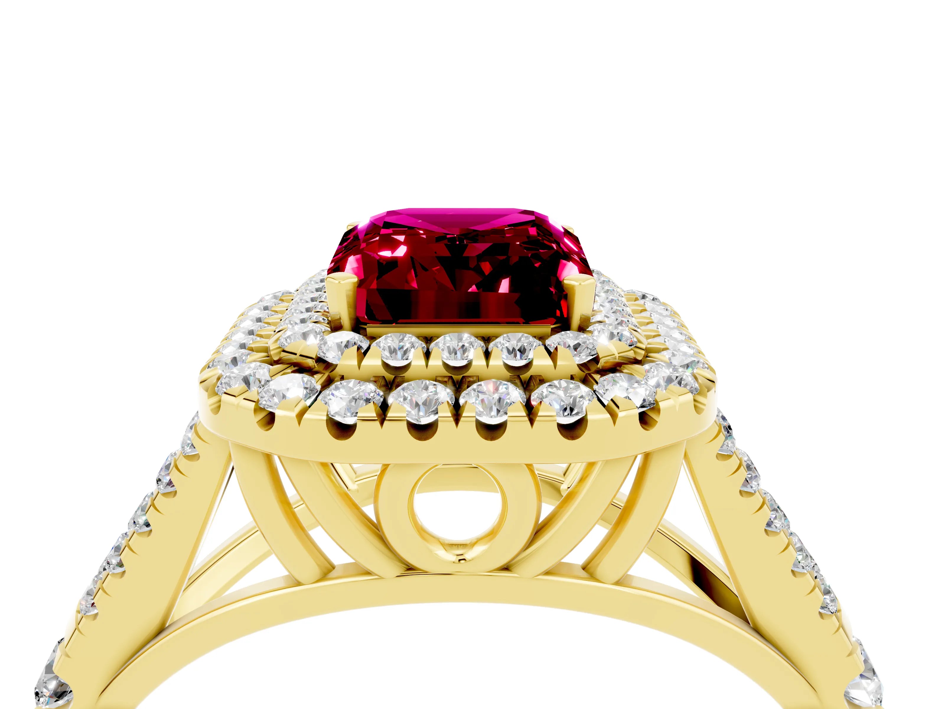 Yellow gold Double Halo Emerald Cut Garnet Split Shank Engagement Ring with Four-Prong Setting_4
