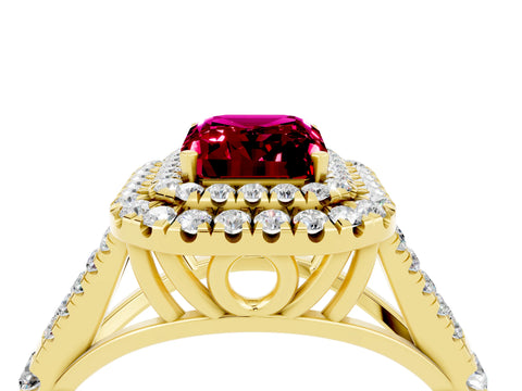 Yellow gold Double Halo Emerald Cut Garnet Split Shank Engagement Ring with Four-Prong Setting_4