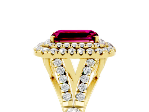 Yellow gold Double Halo Emerald Cut Garnet Split Shank Engagement Ring with Four-Prong Setting_5